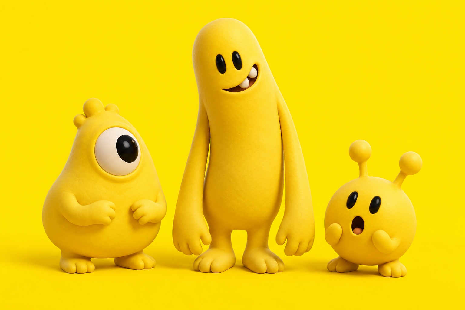 Three original yellow clay creatures: a one-eyed pear, a tall floppy bean, and a little round oddball.