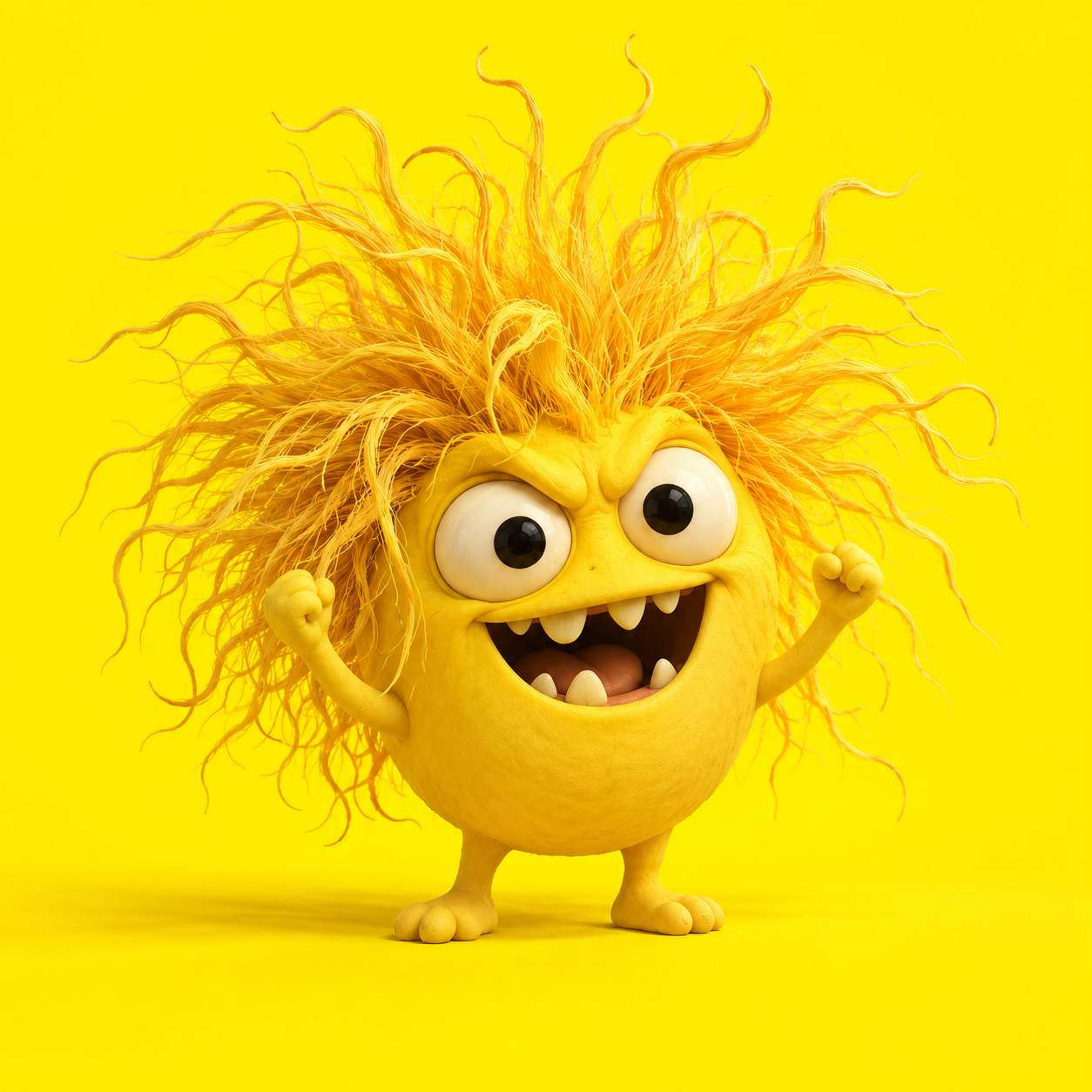 A round yellow creature with wild orange-yellow hair, wide eyes, and tiny raised arms.