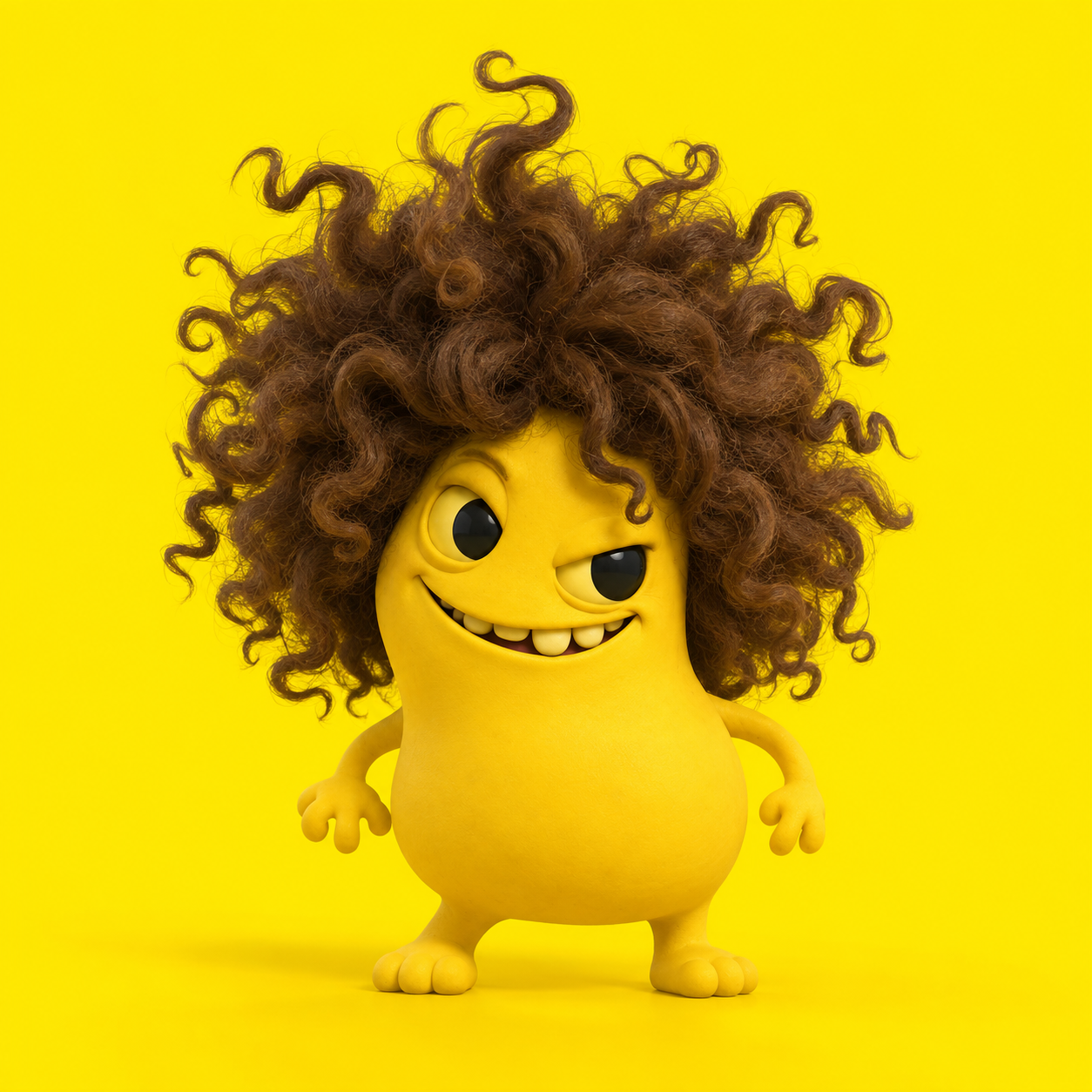 A squat yellow creature with enormous brown curls and a mischievous grin.