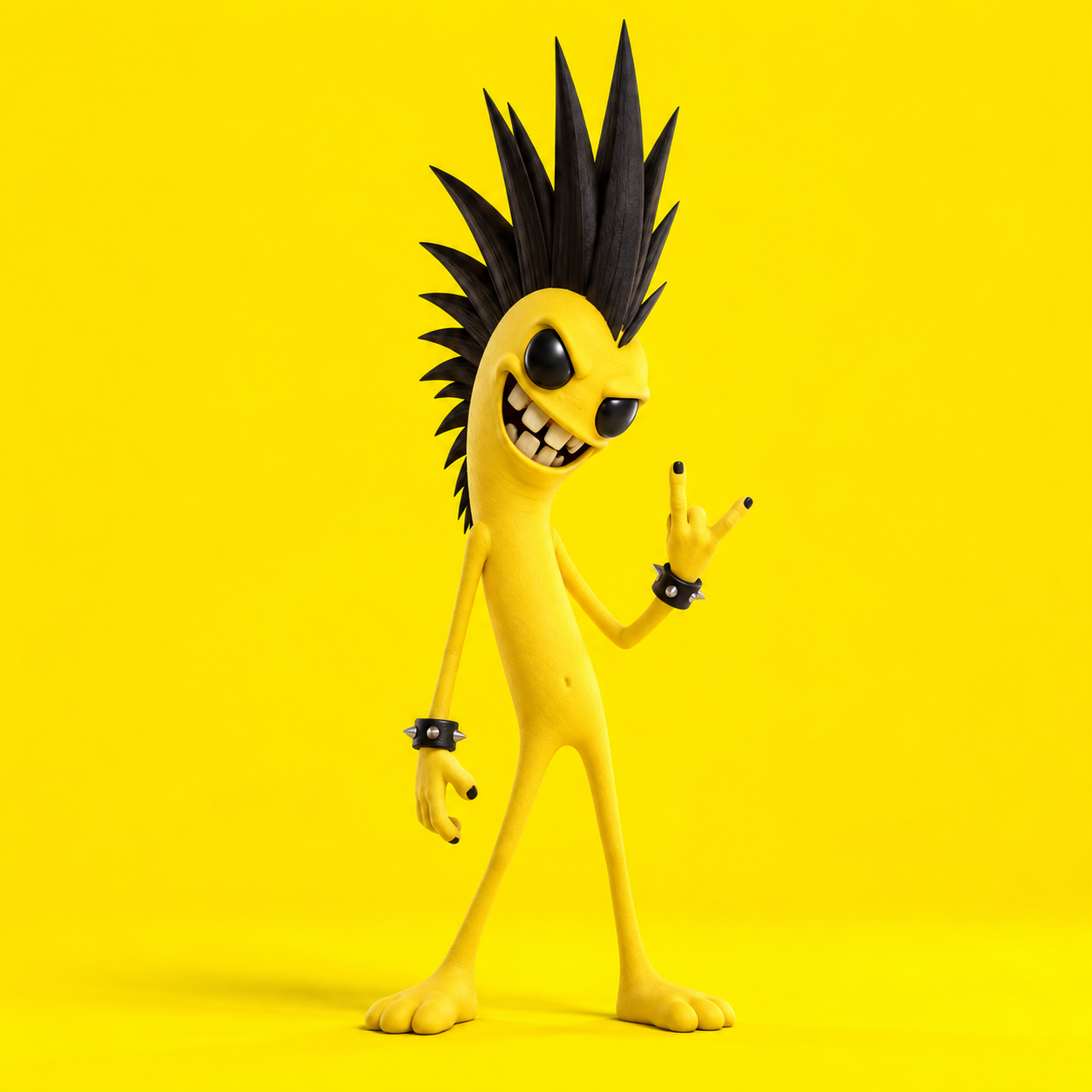 A lanky yellow punk creature with a huge black mohawk and a crooked toothy grin.